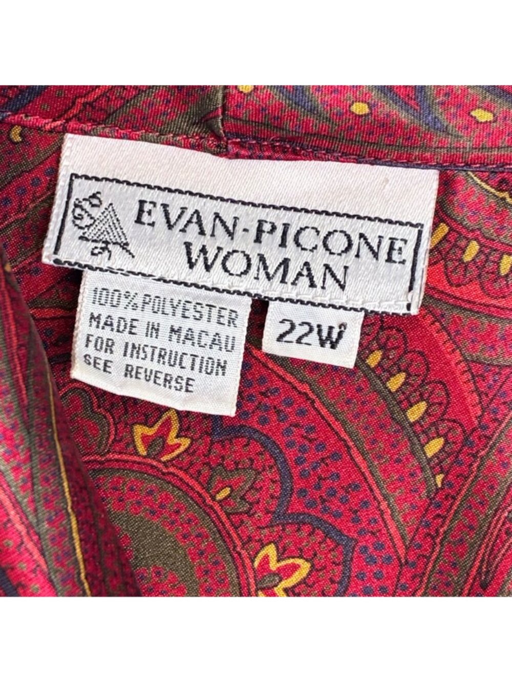 Evan Picone Womens 22W Red Paisley Blouse Tie Neck Long Sleeve Vintage Polyester - Picture 3 of 9